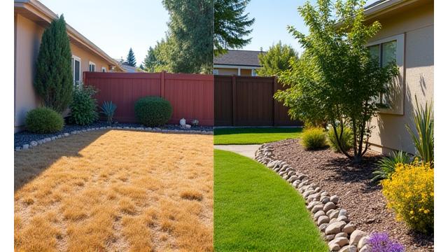 A before and after side-by-side comparison of a garden, transitioning from dry grass to a vibrant, drought-tolerant landscape