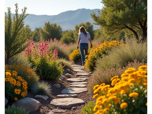 Arid landscape with drought-tolerant plants blooming and a person attending to them, depicting successful xeriscaping